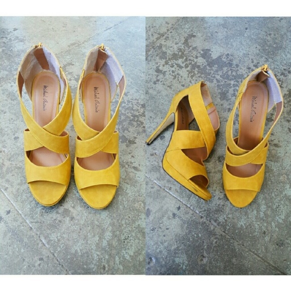 Michael Antonio Shoes - Mustard Velvety/Suede/Leather Cris Cross Stilettos